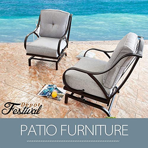 Festival Depot Patio Chair Set of 2 Metal Armchairs with Thick Cushions Outdoor Furniture for Bistro Deck Garden (Grey)