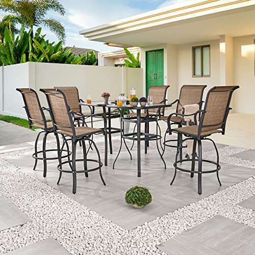 Festival Depot 8pcs Outdoor Patio Dining Furniture Sets Bar Bistro High Stools 360° Swivel Chairs with Slatted Steel Curved Armrest Coffee Table Tempered Glass Desktop (6 Chairs,2 Table) 