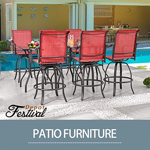 Festival Depot 3 Pcs Patio Bistro Bar Set High Stools Outdoor Furniture with 360° Swivel Armrest Chairs, Coffee Table with Tempered Glass Desktop, Metal Frame for Deck Poolside Garden Porch