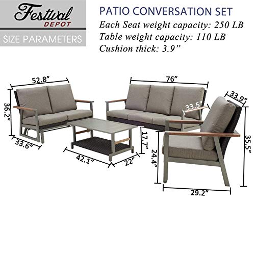 Festival Depot 4pcs Patio Conversation Set Wicker Armchair Glider Loveseat All Weather Rattan 3-Seater Sofa with Thick Cushions and Coffee Table in Metal Frame Outdoor Furniture for Deck