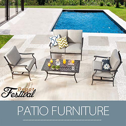 Festival Depot 4pc 4 Seats Patio Conversation Outdoor ArmChairs Loveseat Set with Coffee Table Fabric Metal Frame Furniture Garden Bistro Seating Thick Soft Cushions