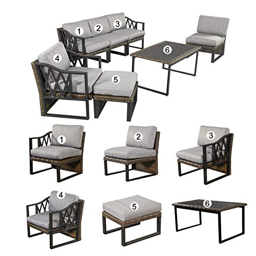 Festival Depot 7pcs Outdoor Furniture Patio Conversation Set Sectional Sofa Chairs Couch Brown All Weather Wicker Ottoman Coffee Table with Seat Back Thick Grey Cushions, Black 