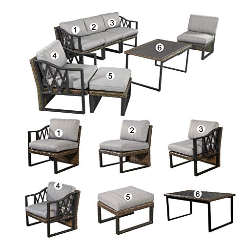 Festival Depot 7pcs Outdoor Furniture Patio Conversation Set Sectional Sofa Chairs Couch Brown All Weather Wicker Ottoman Coffee Table with Seat Back Thick Grey Cushions, Black