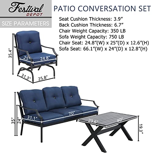 Festival Depot 4 Pieces Patio Conversation Set Outdoor Furniture Set (3-Seats Loveseat, 2 Armchairs and 1 Coffee Table) with Metal Frame and Cushions for Garden Poolside Backyard Deck
