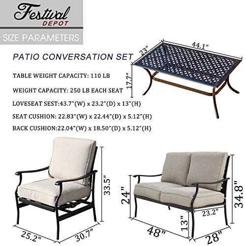 Festival Depot 4pc 4 Seats Patio Conversation Outdoor ArmChairs Loveseat Set with Coffee Table Fabric Metal Frame Furniture Garden Bistro Seating Thick Soft Cushions