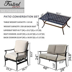 Festival Depot 4pc 4 Seats Patio Conversation Outdoor ArmChairs Loveseat Set with Coffee Table Fabric Metal Frame Furniture Garden Bistro Seating Thick Soft Cushions