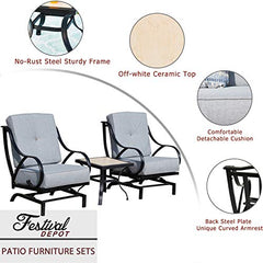 Festival Depot 3-Piece Bistro Outdoor Patio Furniture Sets Square Metal Ceramic Top Coffee Table Slatted Steel Frame Armrest Chairs with Curved Armrest with 5.9''Thick Soft Cushions Garden Porch,Gray