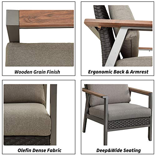 Festival Depot Outdoor Chair Patio Dining Chair with Cushion and Wood Grain Armrest Metal Furniture for Lawn Garden All-Weather 