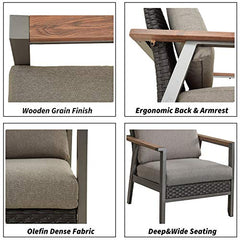 Festival Depot Outdoor Chair Patio Dining Chair with Cushion and Wood Grain Armrest Metal Furniture for Lawn Garden All-Weather