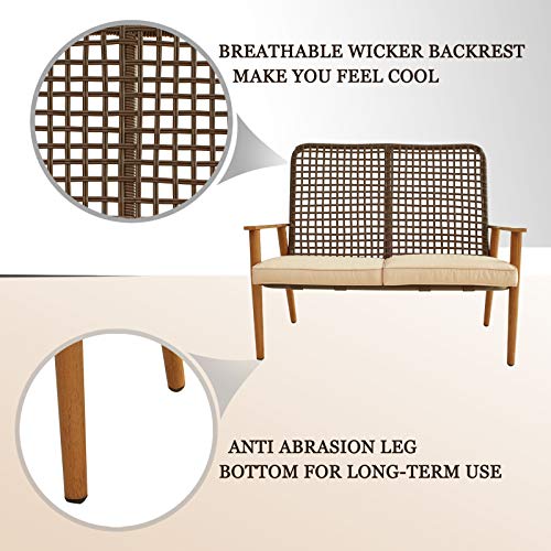 Festival Depot 5 Pieces Patio Outdoor Conversation Set with Metal Side Coffee Table Wooden-Color Steel Chairs Loveseat with Cushions 