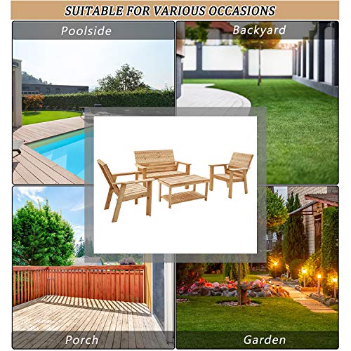 Festival Depot 2 Pieces Patio Furniture Outdoor Conversation Set Wood Armrest Loveseat Chair Stars and Strips Printing Dining Coffee Side Table 
