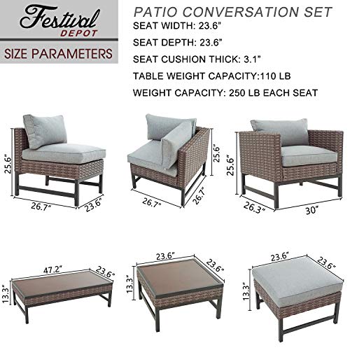 Festival Depot 8 Pieces Patio Conversation Set Outdoor Furniture Combination Sectional Sofa Loveseat All-Weather Woven Wicker Metal Chairs with Seating Back Cushions Side Coffee Table Ottoman, Gray 