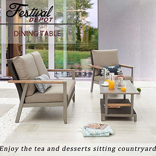 Festival Depot Outdoor Coffee Table Patio Rectangle Metal Dining Table with Wicker Shelf and Steel Legs Grey (42.1"x22"x17.7"H)