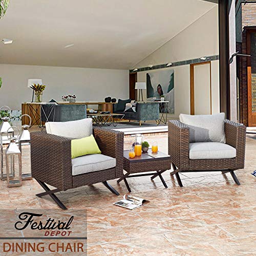 Festival Depot Patio Chair Wicker Armchair with Thick Cushions and X Shaped Steel Legs Metal Frame Outdoor Furniture for Garden Yard All-Weather