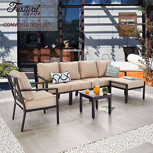 Festival Depot 7-Pieces Patio Outdoor Furniture Conversation Sets Sectional Sofa, All-Weather Black Slatted Back Armchairs with Coffee Side Table and Soft Removable Couch Cushions (Beige)