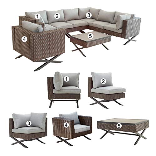Festival Depot 8pcs Outdoor Furniture Patio Conversation Set Sectional Corner Sofa Chairs with X Shaped Metal Leg All Weather Brown Rattan Wicker Rectangle Coffee Table with Grey Seat Back Cushions 