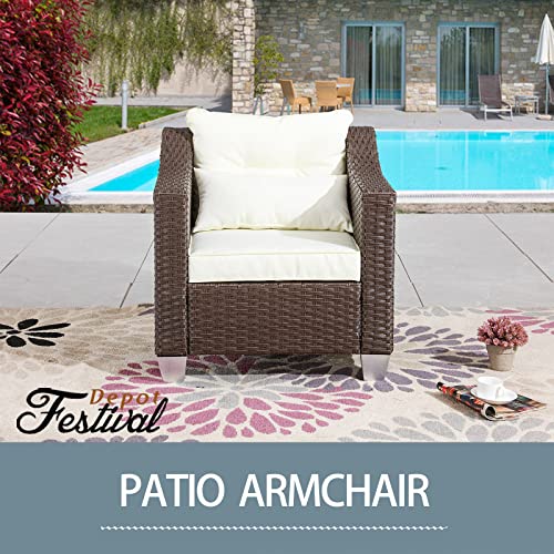Festival Depot Patio Rattan Wicker Single Sofa Outdoor Sectional Chair with Removable Cushion Metal Frame All Weather Waterproof Furniture Seating for Garden Yard Lawn Pool (Beige)