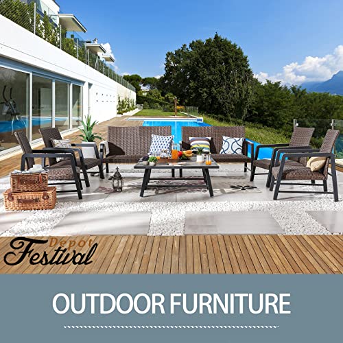 Festival Depot 8Pcs Patio Conversation Set, PE Wicker Bistro Set, All-Weather Outdoor Furniture, with 2 Loveseat 4 Armchair and 2 DPC Coffee Table for Backyard Porch Lawn Deck Garden 