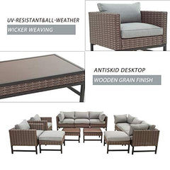 Festival Depot 12 Pieces Patio Conversation Set Outdoor Furniture Combination Sectional Corner Sofa Loveseat All-Weather Wicker Metal Chairs with Seating Back Cushions Side Coffee Table Ottoman,Gray