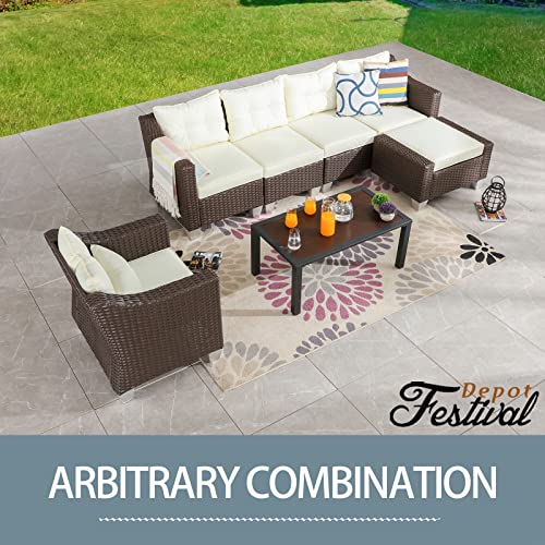 Festival Depot 7 Pcs Patio Conversation Set Outdoor Furniture Combination Sectional Sofa All-Weather PE Wicker Metal Armchairs with Seating Back Cushions Side Coffee Table (Beige) 