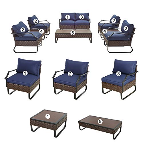 Festival Depot 9 Pcs Patio Outdoor Furniture Conversation Sets Sectional Sofa with All-Weather PE Rattan Wicker Armchair, Loveseat Coffee Side Table and Thick Soft Removable Couch Cushions (Blue) 