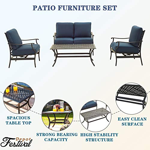 Festival Depot 4pc 4 Seats Patio Conversation Outdoor ArmChairs Loveseat Set with Coffee Table Fabric Metal Frame Furniture Garden Bistro Seating Thick Soft Cushions