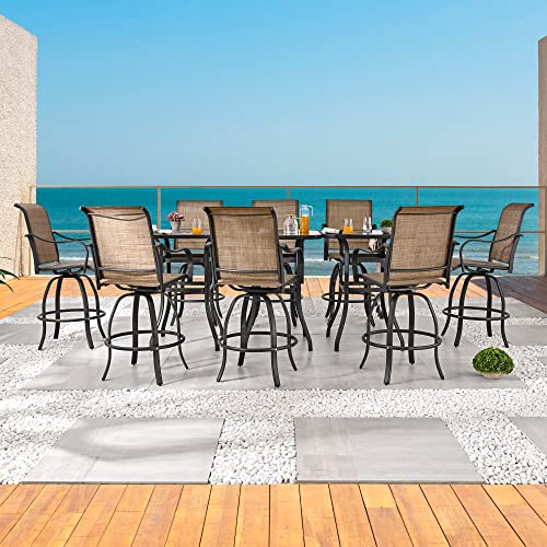 Festival Depot 11Pcs Bar Bistro Outdoor Patio Dining Furniture Sets High Stools 360° Swivel Chairs With Slatted Steel Curved Armrest Coffee Table Tempered Glass Desktop (8 Chairs,3 Table) 