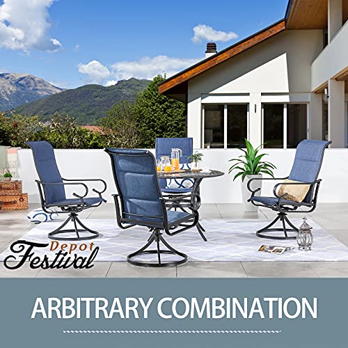 Festival Depot 5 Pieces Patio Dining Conversation Set, Outdoor Furniture 4 Swivel Bistro Armrest Chair & 1 Round Metal Table with 2.04" Umbrella Hole for Deck Poolside Porch Backyard (Blue)