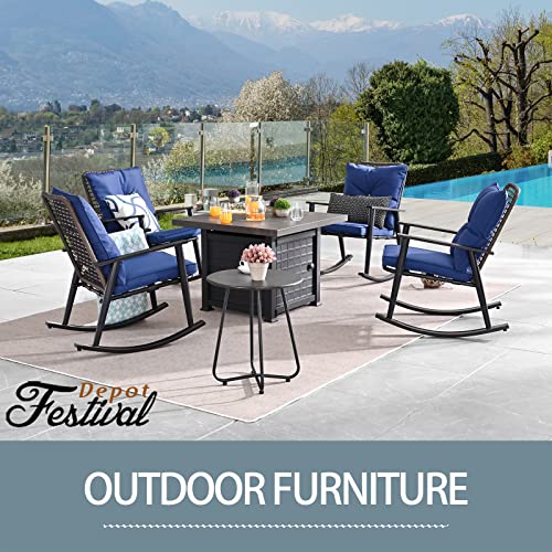 Elegant 7 Piece Outdoor Fire Pit Conversation Set with PE Wicker Rocking Chairs, Blue Cushions, and Side Tables 