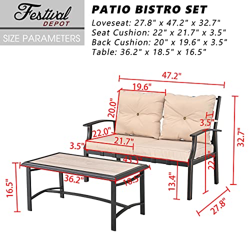Festival Depot 2 Pcs Patio Set Conversation Set with Coffee Table Outdoor Furniture Loveseat Armchair with Hand-Woven Textilene Rope Backrest (Black Metal Frame with Beige Cushion) 