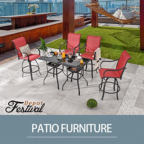 Festival Depot 3 Pcs Patio Bistro Bar Set High Stools Outdoor Furniture with 360° Swivel Armrest Chairs, Coffee Table with Tempered Glass Desktop, Metal Frame for Deck Poolside Garden Porch