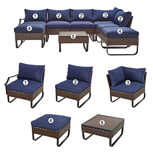 Festival Depot 8 Pcs Patio Conversation Sets Outdoor Furniture Sectional Corner Sofa with All-Weather PE Rattan Wicker Chair, Ottoman Coffee Table and Thick Soft Removable Couch Cushions (Blue)