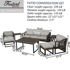 Festival Depot 10Pc Outdoor Furniture Patio Conversation Set Sectional Sofa Chairs All Weather Wicker Ottoman Metal Frame Square Slatted Coffee Table with Thick Grey Seat Back Cushions Without Pillows