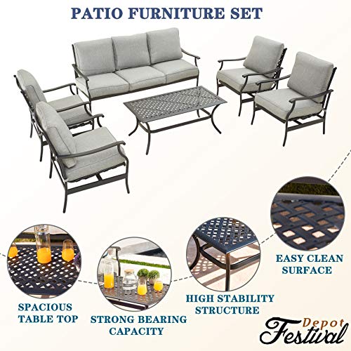 Festival Depot 6Pcs Outdoor Furniture Patio Conversation Set All Weather Black Metal Armchairs with Seat and Back Cushions, Rectangle Coffee Table for Deck Lawn Garden, Beige