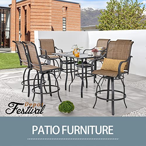 Festival Depot 3 Pcs Patio Bistro Bar Set High Stools Outdoor Furniture with 360° Swivel Armrest Chairs, Coffee Table with Tempered Glass Desktop, Metal Frame for Deck Poolside Garden Porch