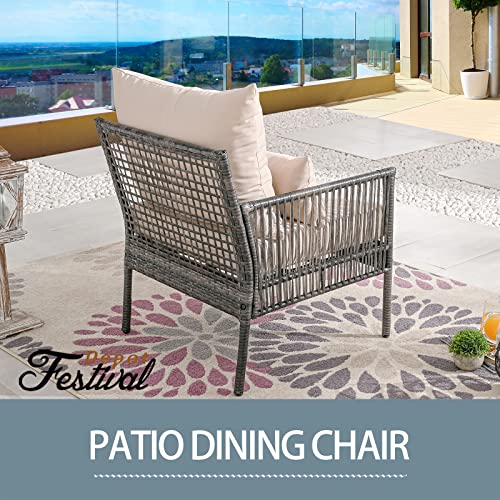 Festival Depot Patio Wicker Dining Chair, All-Weather Rattan Sectional Sofa Outdoor Furniture with Metal Frame Removable Seat & Back Cushion Pillow for Garden Pool Backyard Lawn (Beige)