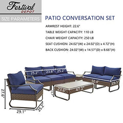 Festival Depot 8 Pcs Patio Conversation Sets Outdoor Furniture Sectional Sofa Loveseat with All-Weather PE Rattan Wicker Chair Coffee Table and Soft Removable Couch Cushions(Blue)