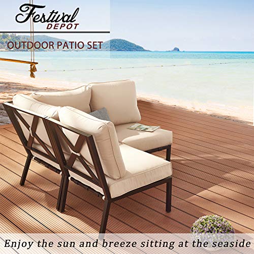 Festival Depot 3 Pieces Patio Sectional Corner Sofa Set Outdoor All-Weather Metal Chairs with Seating Back Cushions Garden Poolside(Beige) 