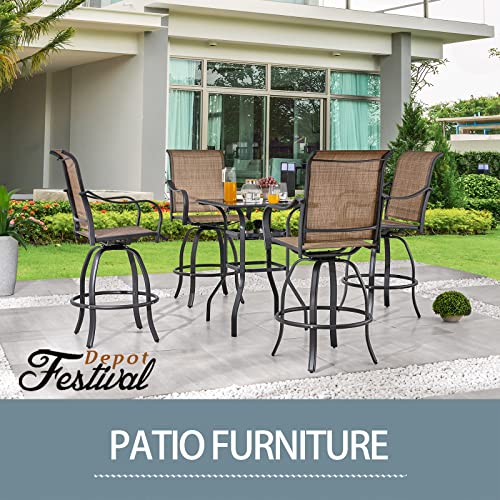 Festival Depot 3 Pcs Patio Bistro Bar Set High Stools Outdoor Furniture with 360° Swivel Armrest Chairs, Coffee Table with Tempered Glass Desktop, Metal Frame for Deck Poolside Garden Porch