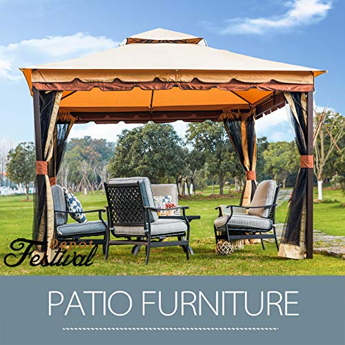 Festival Depot 9.8' 2-Tier Patio Canopy Gazebo Tent Shelter with Mosquito Netting Curtains Shade and Rain, Waterproof Soft Top Metal Frame for Lawn Garden Deck Pool Backyard (Beige)
