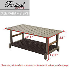 Festival Depot Outdoor Coffee Table Patio Rectangle Metal Dining Table with Wicker Shelf and Steel Legs Grey (42.1"x22"x17.7"H)