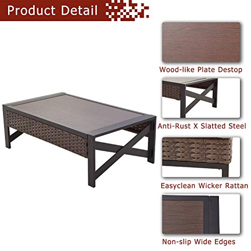 Festival Depot Metal Outdoor Side Coffee End Table Patio Bistro Living Room Dining Table Wood Grain Top Wicker Rattan Furniture with Side X Shaped Slatted Steel Legs Brown Black 