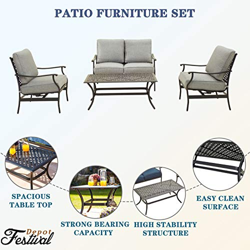 Festival Depot 4pc 4 Seats Patio Conversation Outdoor ArmChairs Loveseat Set with Coffee Table Fabric Metal Frame Furniture Garden Bistro Seating Thick Soft Cushions