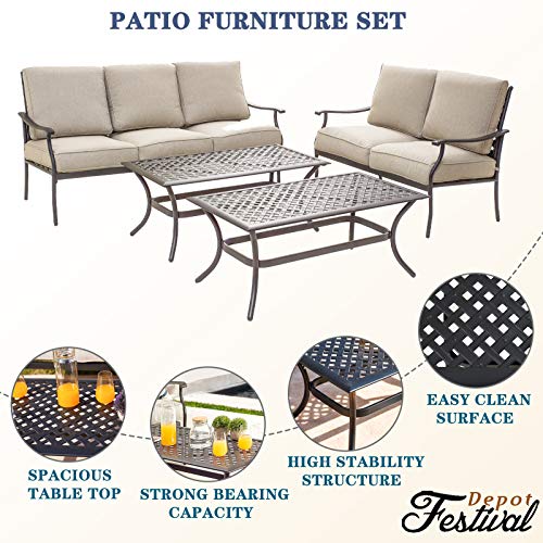 Festival Depot 4Pcs Outdoor Furniture Patio Conversation Set All Weather Black Metal Armchair Loveseat with Seat and Back Cushions, 3-Seating Chair, Rectangle Coffee Tables for Deck Lawn Garden