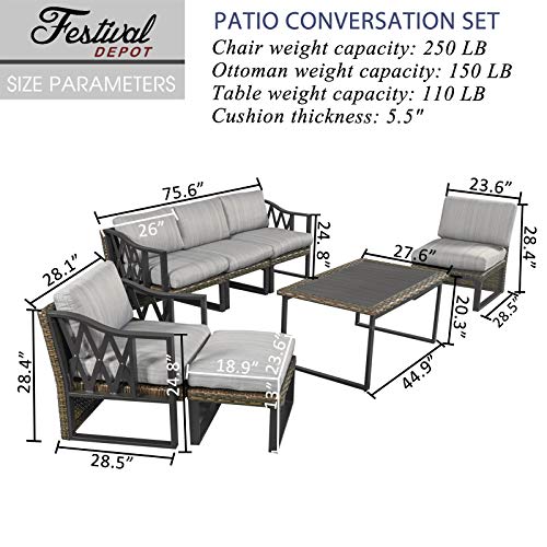 Festival Depot 7pcs Outdoor Furniture Patio Conversation Set Sectional Sofa Chairs Couch Brown All Weather Wicker Ottoman Coffee Table with Seat Back Thick Grey Cushions, Black 