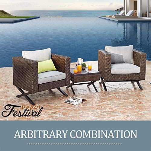 Festival Depot Patio Side Coffee Table Outdoor Bistro Dining Furniture with Wood Grain Tabletop, Wicker Rattan and X Shaped Slatted Steel Legs (Brown)