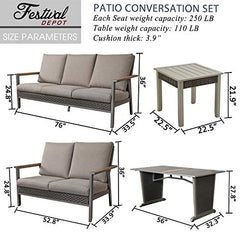Festival Depot 6pcs Patio Conversation Set Metal Armchair Wicker 3-Seater Sofa All Weather Rattan Loveseat with Grey Thick Cushions Dining and Side Table Outdoor Furniture for Deck Poolside