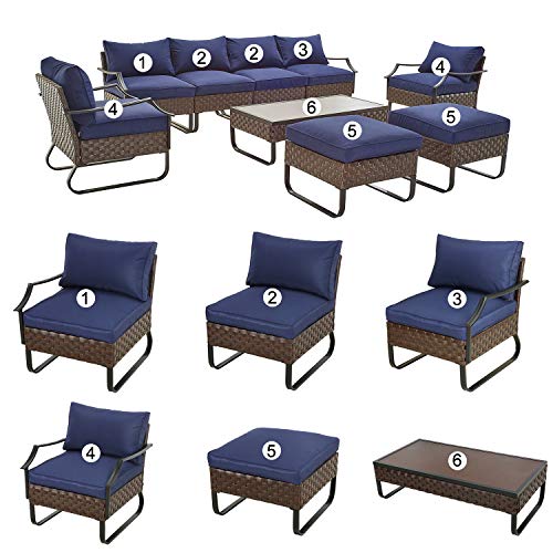 Festival Depot 9 Pcs Patio Conversation Sets Outdoor Furniture Sectional Sofa with All-Weather PE Rattan Wicker Chair,Loveseat Coffee Table and Thick Soft Removable Couch Cushions(Blue)