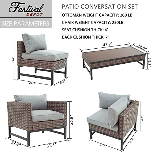 Festival Depot 6 Pieces Outdoor Conversation Set Sectional Wicker Chair with Thick Cushions and Rattan Coffee Table for Deck Lawn Backyard (Gray) 