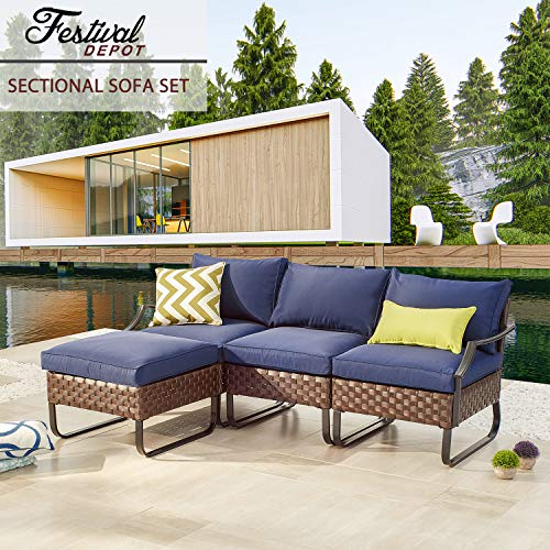 Festival Depot 4 Pieces Patio Dining Furniture Outdoor Armchair Combination Conversation Set All-Weather Ottoman with U Shaped Steel Leg for Porch Lawn Garden Balcony Pool Backyard, Brown 
